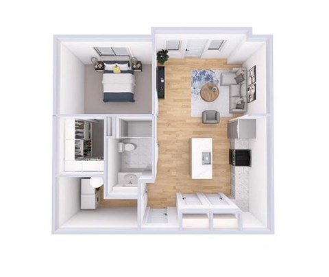 The Maple top-down 3D view of a small apartment with a kitchen, living room, and bathroom.