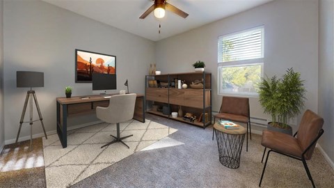 A living room with a brown chair and a painting on the wall.