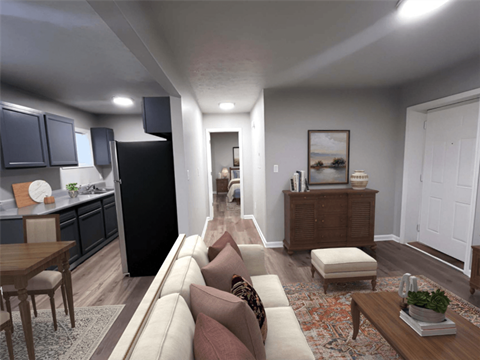 Living Area With Kitchen View at Windmill, Indianapolis, IN