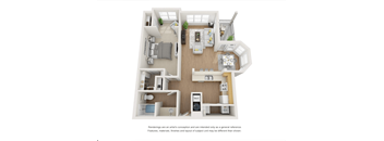 A 3D floor plan of a house with labeled rooms.