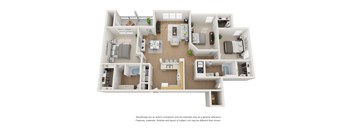 A 3D floor plan of a house with a kitchen, living room, and two bedrooms.