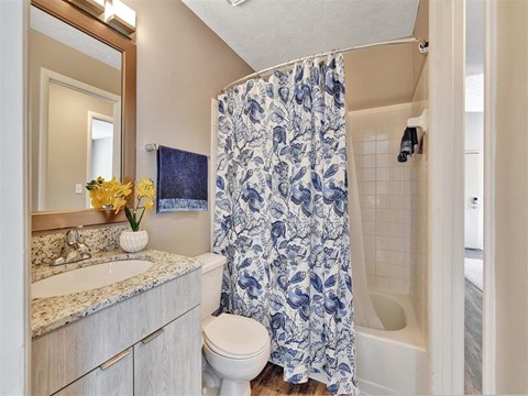 A blue and white shower curtain in a bathroom with a sink and toilet at The Reserve at Grand Valley Apartments, Ohio, 46150