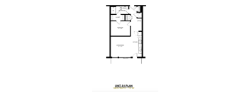A floor plan of a 1 bedroom/1 bathroom unit.