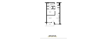 A black and white image of a floor plan for a unit with one bed and one bath.