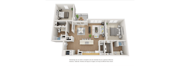A 3D floor plan of a house with a kitchen, living room, and bedrooms.