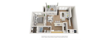 A 3D rendered image of a modern apartment layout.