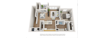 A 3D rendered image of a modern apartment layout.
