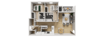 A detailed 3D floor plan of a small apartment layout.