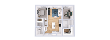 A top down view of a small apartment with a bedroom, living room, and kitchen.