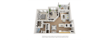 A 3D floor plan of a house with a kitchen, living room, and two bedrooms.