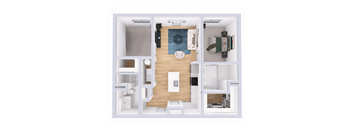 A 3D floor plan of a small apartment with a kitchen, living room, and bathroom.