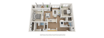 A 3D rendered image of a modern apartment layout.