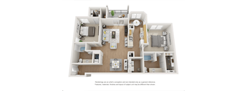 A 3D floor plan of a house with a kitchen, living room, and bathrooms.