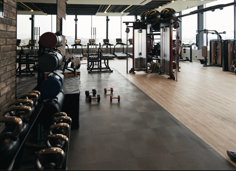 A gym with a variety of equipment including dumbbells, weight plates, and a squat rack.