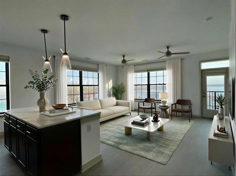 A modern living room with a large island in the center.