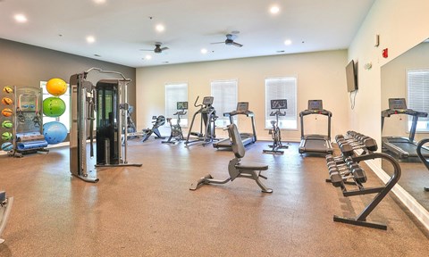 Fitness center with cardio machines, strength-training equipment, free weights, and exercise accessories at The Hub at Palmetto Pointe in Spartanburg, SC
