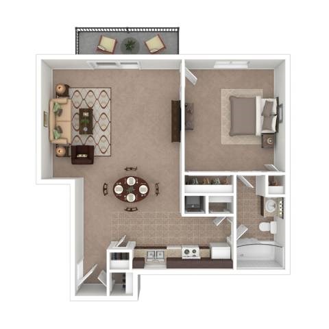 A floor plan of a small apartment with a kitchen, living room, and bathroom.