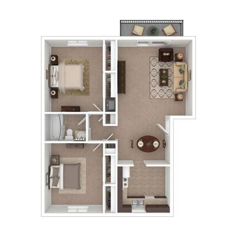 A floor plan of a house with a kitchen, living room, dining room, and two bedrooms.