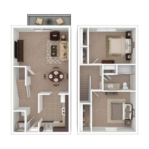 A floor plan of a two-story apartment with a living room, kitchen, and bedrooms.