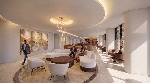 A modern living room with a curved ceiling and a person walking.