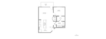 A floor plan of a house with a living room, dining room, kitchen, and bathrooms.