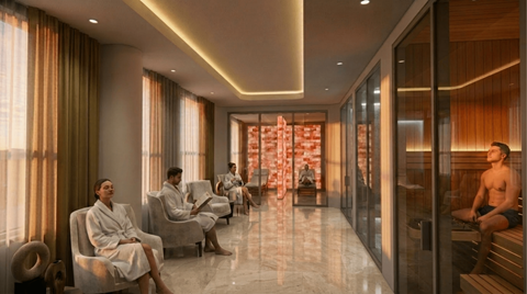 A spa room with people relaxing in the background.