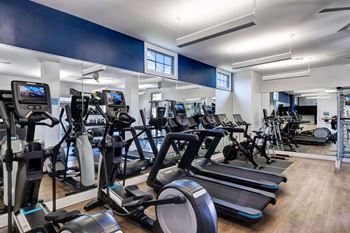 A gym with treadmills and elliptical machines.