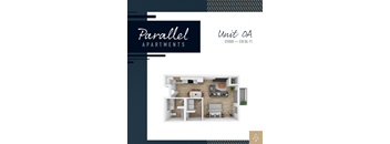 Apartment living room and kitchen layout for Parallel Apartments' Studio 0A.