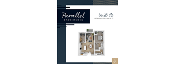 A brochure for Parallel Apartments showcasing a 1-bedroom + den unit that is 840 square feet.