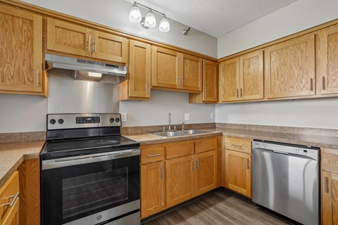 A kitchen with wooden cabinets and a stainless steel dishwasher.