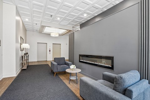 A living room with a grey couch, a grey chair, a grey rug and a fireplace.