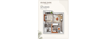 A studio apartment layout with a bedroom, living room, and kitchen area.