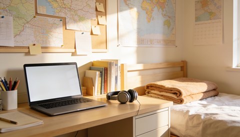 A laptop is open on a desk with a map and a stack of books.