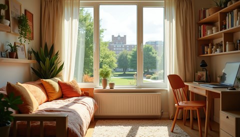 A cozy bedroom with a large window overlooking a green lawn and a building in the distance.