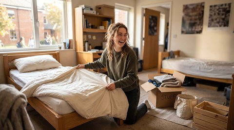 A woman is sitting on the floor in a room with a bed, a suitcase, and a box labeled "stuff".
