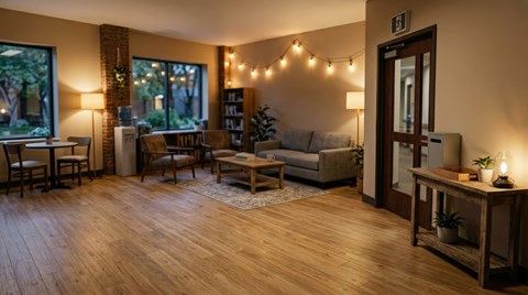 A cozy living room with wooden floors and furniture.