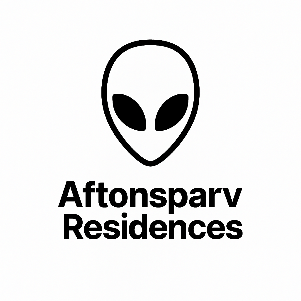 A black and white image of an alien head with the words "Aftonsparv Residences" below it.