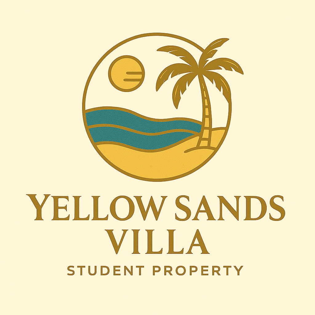 A logo for Yellow Sands Villa, a student property, featuring a palm tree, beach, and sun.