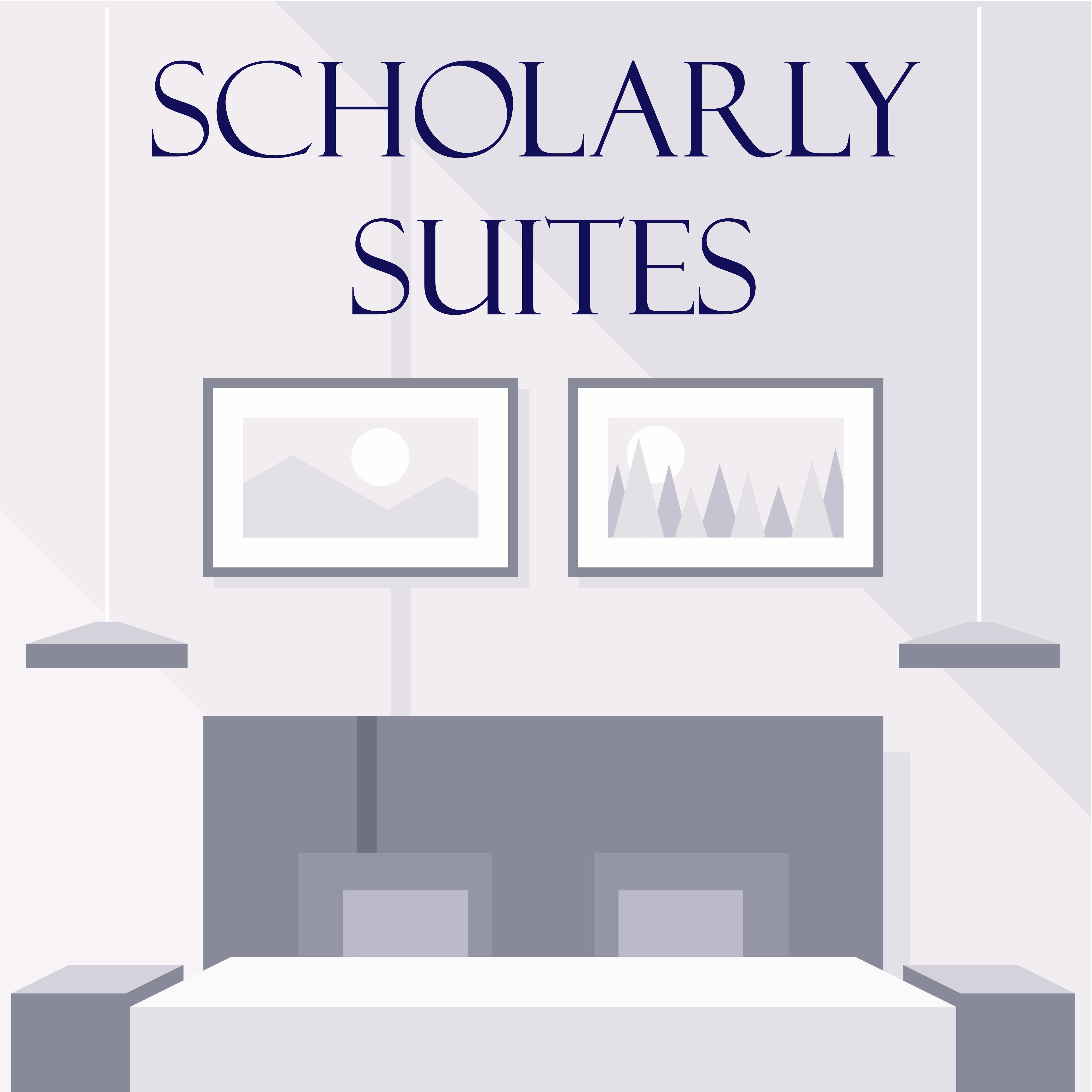 A graphic with the words "SCHOLARLY SUITES" and a stylized image of a bedroom with a bed and two pictures on the wall.