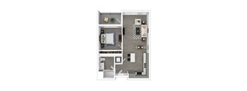 A top-down view of a small apartment with a bedroom, living room, and kitchen.