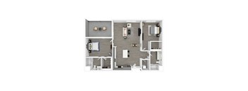 A top down view of a modern apartment with a kitchen, living room, and two bedrooms.