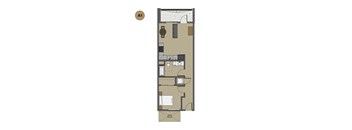 A drawing of a floor plan of a room with furniture and appliances.