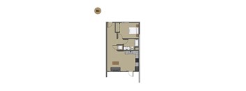 A floor plan of a room with a kitchen area and a living room.