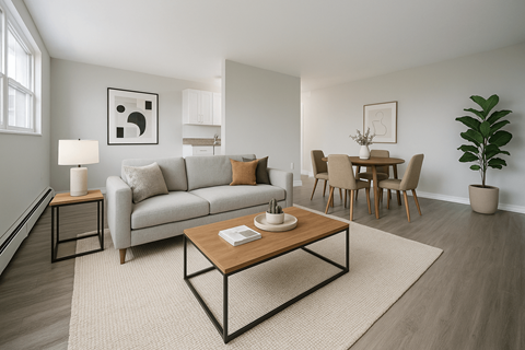 A modern living room with a grey sofa, wooden coffee table, and a dining table with chairs.