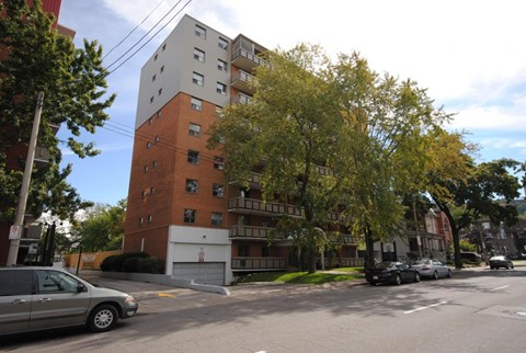 A street view with a car, a tree and a building.