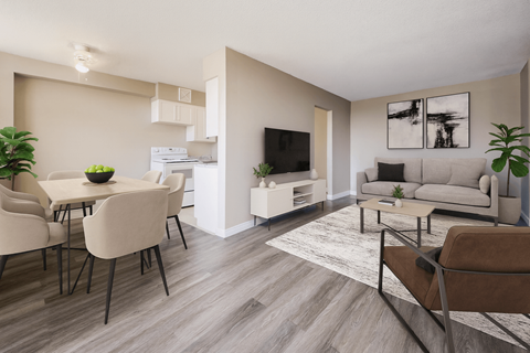 A modern living room with a dining table and chairs.