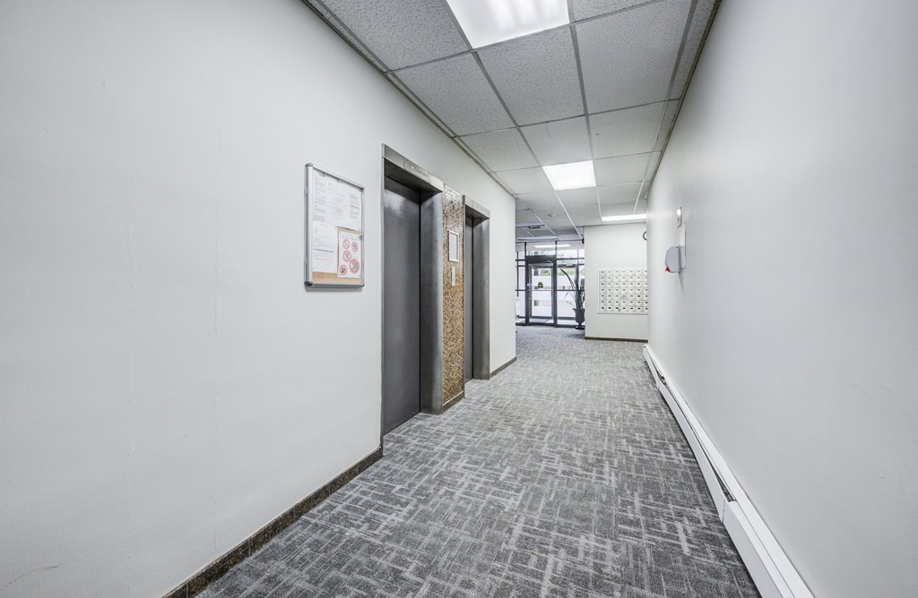 A hallway with a carpeted floor and white walls.
