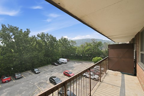 A parking lot with cars and a mountain in the background.