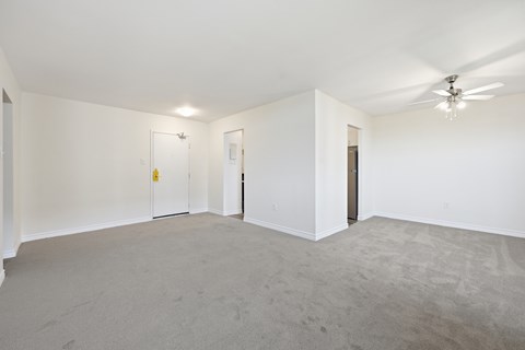A spacious room with a ceiling fan and carpeted floor.