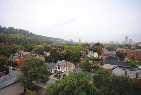 A view of a residential area with houses and trees.